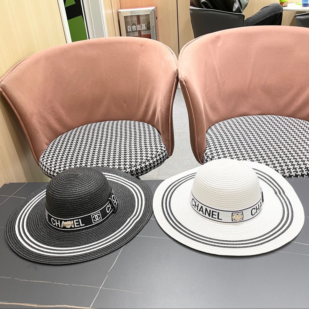 【CHANEL香奈儿】2025新款草编大檐拼色织带款编织草帽，优雅大方的一款