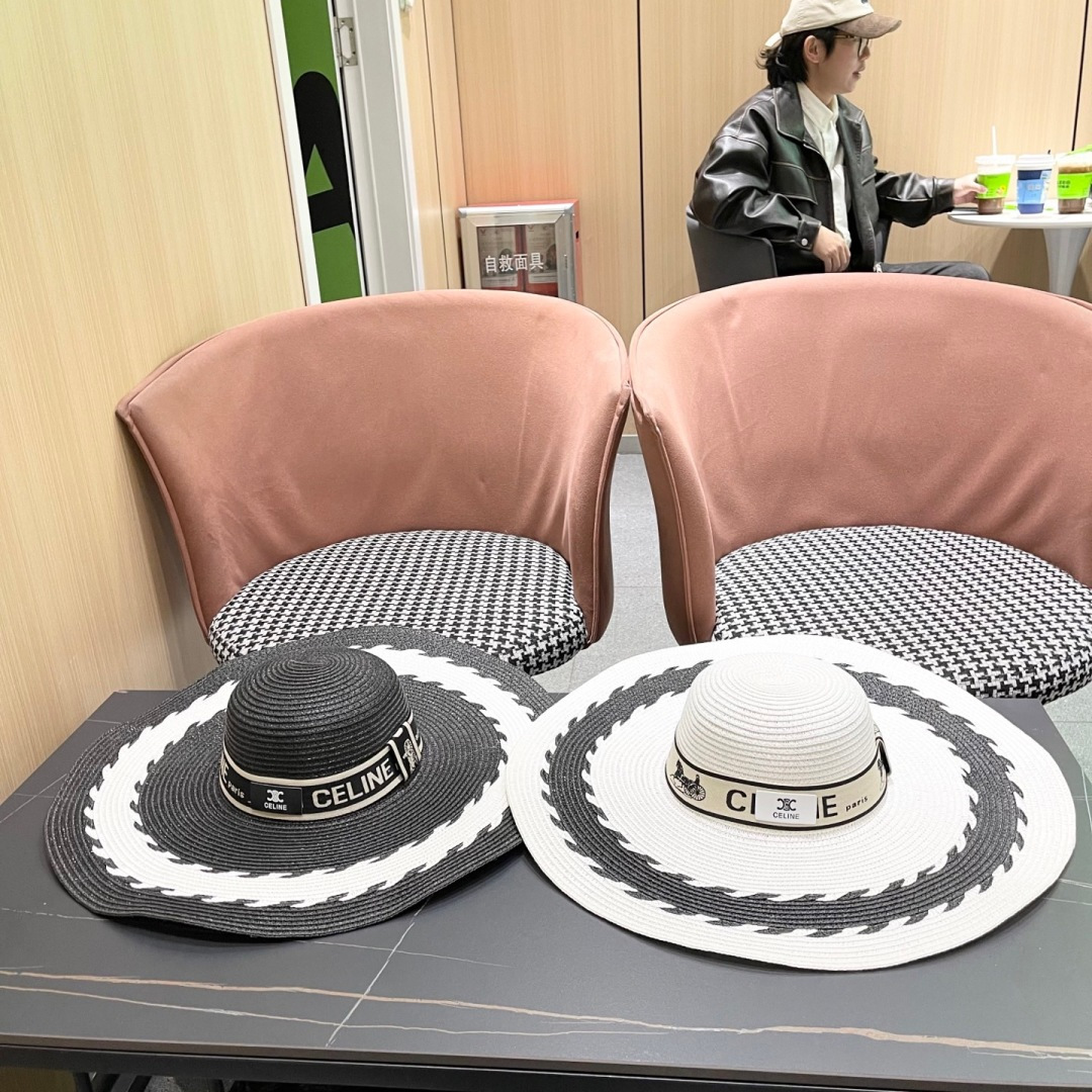  赛琳celine新款帽子拼色大帽檐透气草帽沙滩防晒
遮阳帽夏季太阳帽