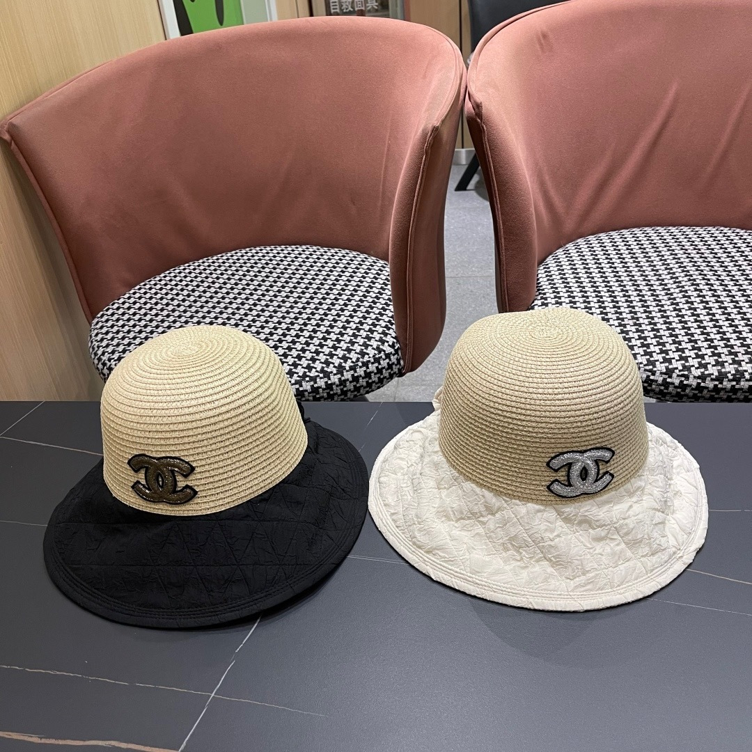  Chanel香奈儿日系优雅开叉蝴蝶结渔夫帽布草拼接大檐遮阳帽太
阳帽可折叠草帽潮