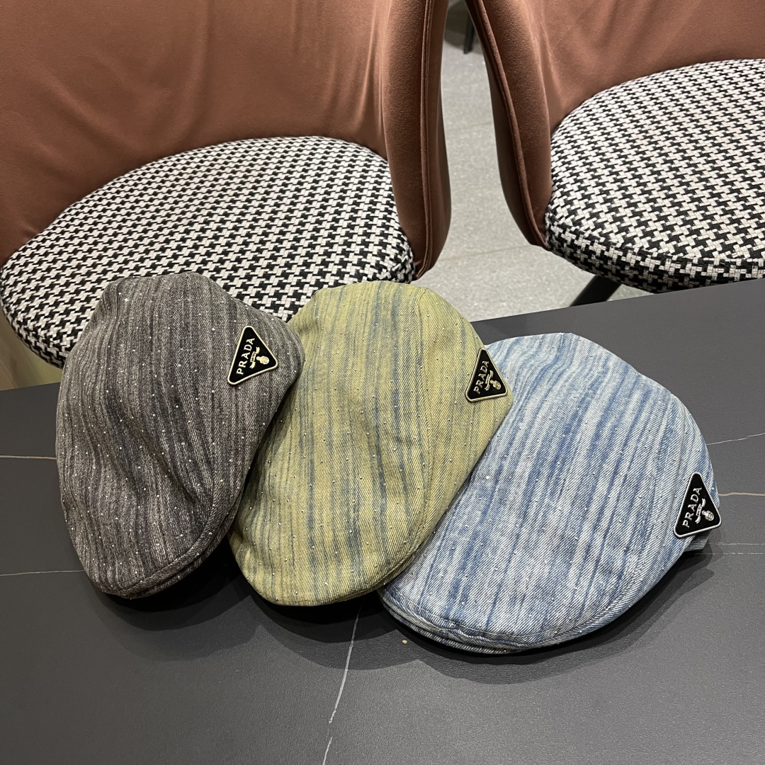  普拉达 时髦条纹带钻牛仔做1前进帽女春夏秋画家
帽子街头复古显脸小贝雷帽潮