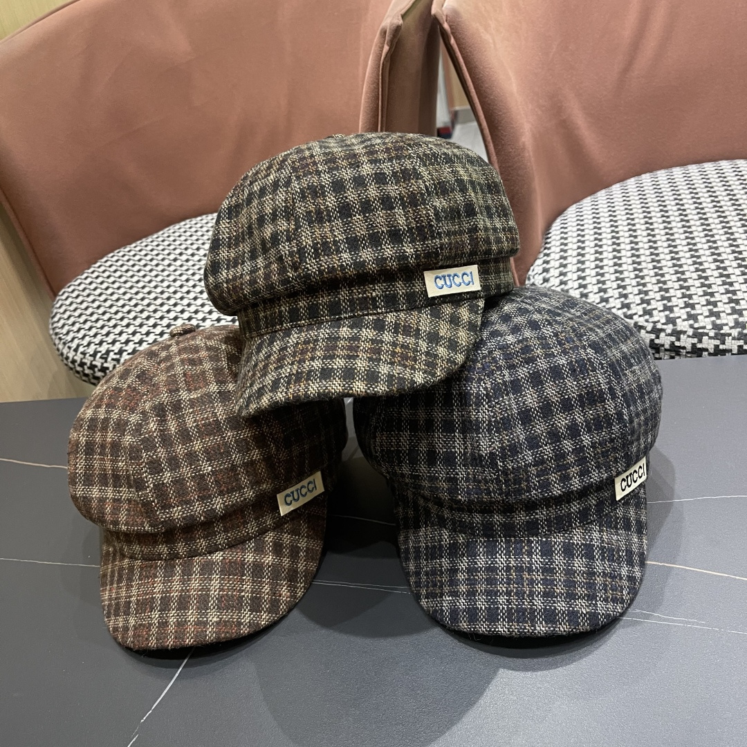  古奇 英伦风格纹贝雷帽子女春秋2025新款大头围百搭显脸小报童画家帽子