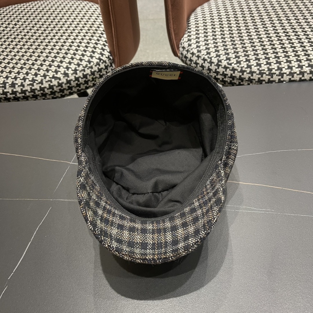 古奇 英伦风格纹贝雷帽子女春秋2025新款大头围百搭显脸小报童画家帽子