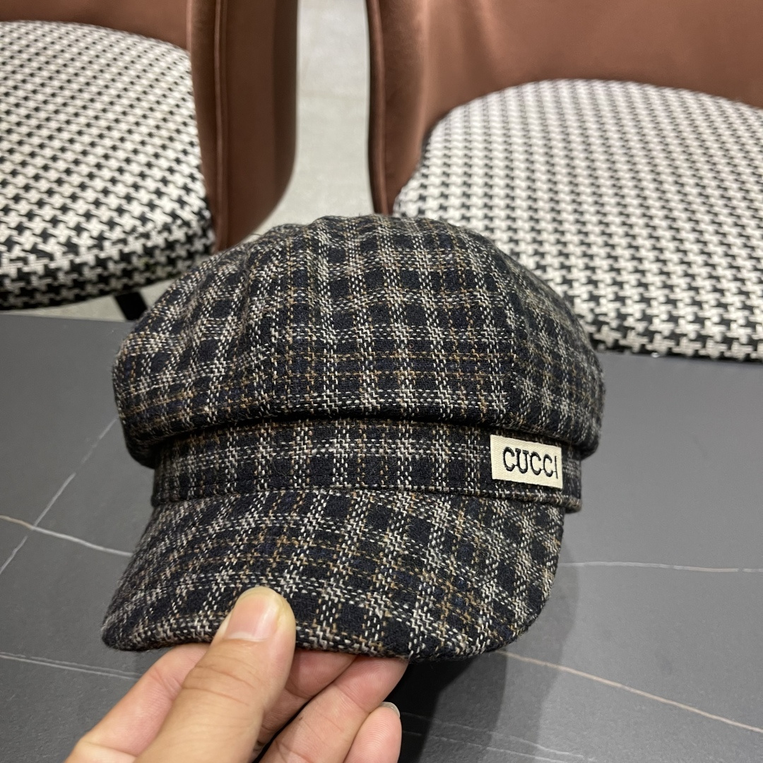 古奇 英伦风格纹贝雷帽子女春秋2025新款大头围百搭显脸小报童画家帽子