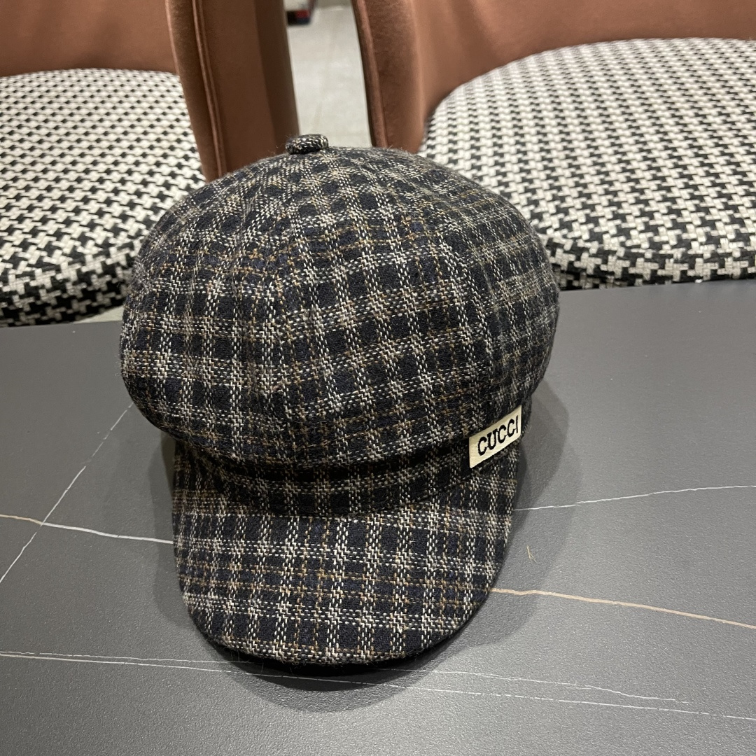 古奇 英伦风格纹贝雷帽子女春秋2025新款大头围百搭显脸小报童画家帽子