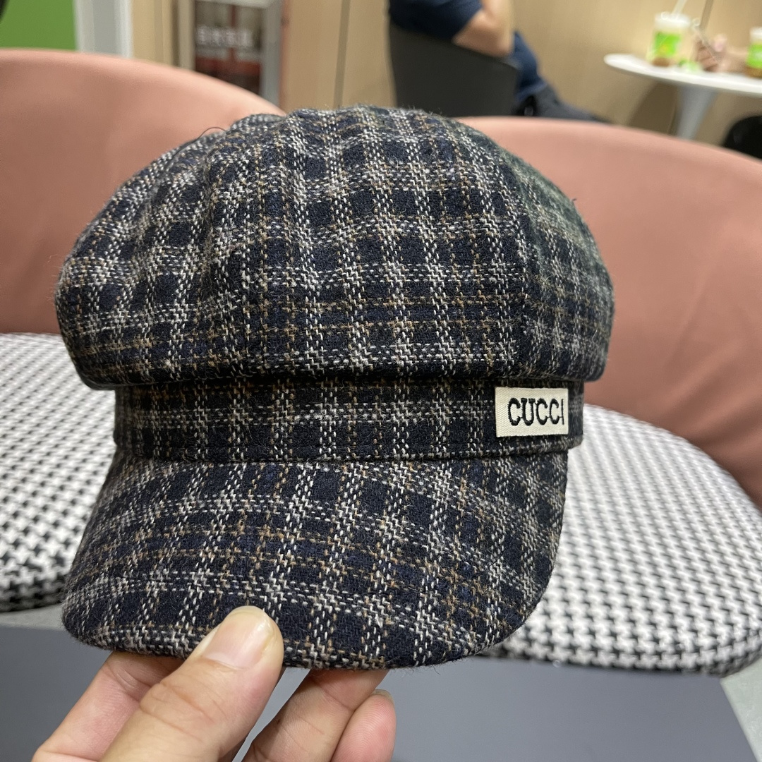 古奇 英伦风格纹贝雷帽子女春秋2025新款大头围百搭显脸小报童画家帽子