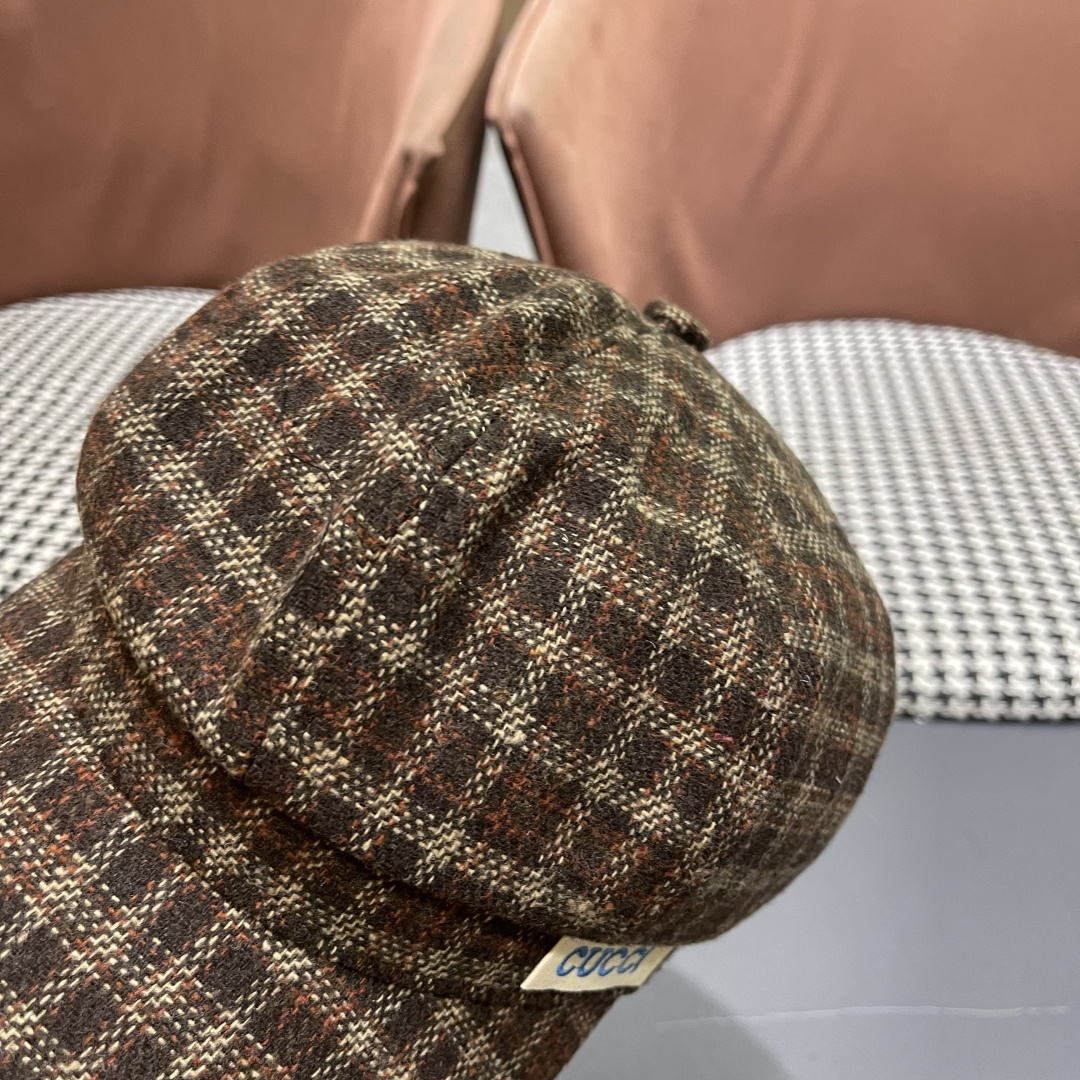 古奇 英伦风格纹贝雷帽子女春秋2025新款大头围百搭显脸小报童画家帽子