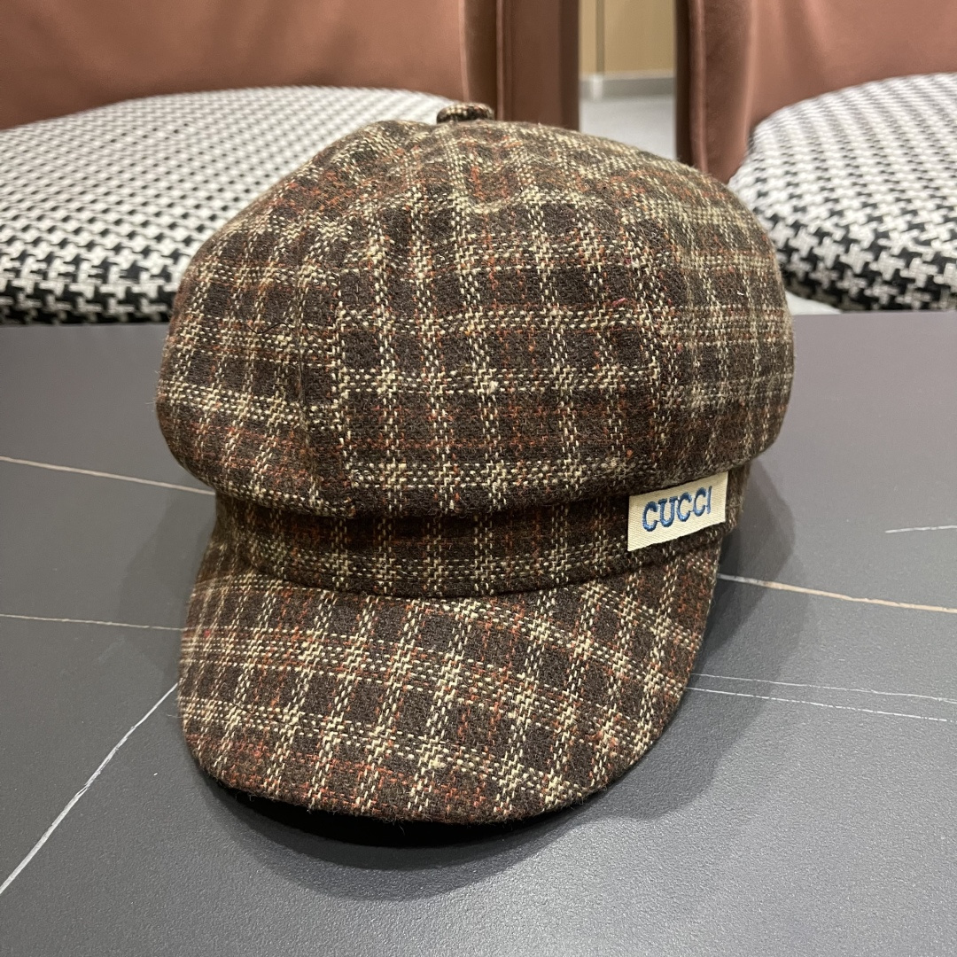 古奇 英伦风格纹贝雷帽子女春秋2025新款大头围百搭显脸小报童画家帽子