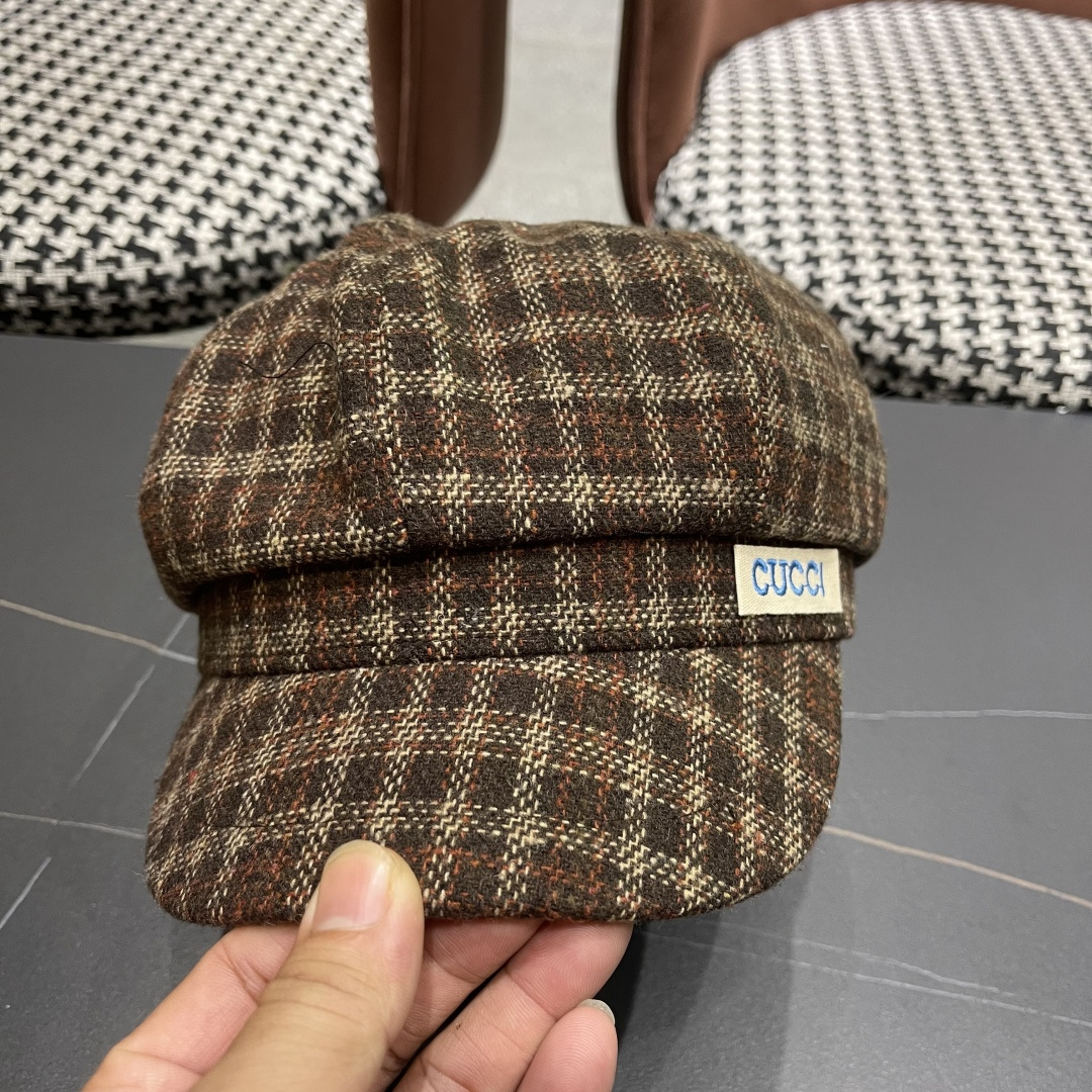 古奇 英伦风格纹贝雷帽子女春秋2025新款大头围百搭显脸小报童画家帽子