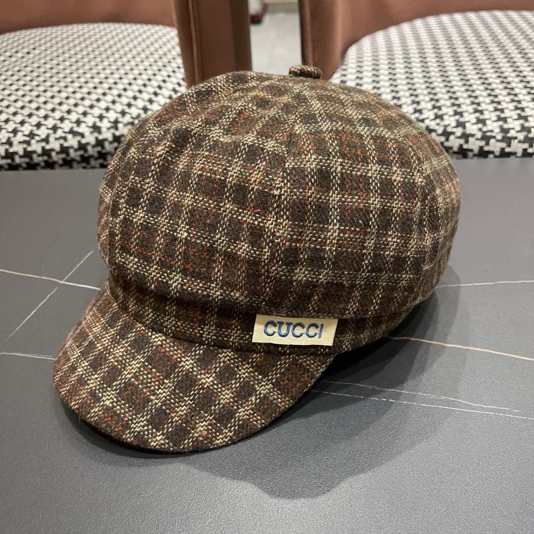 古奇 英伦风格纹贝雷帽子女春秋2025新款大头围百搭显脸小报童画家帽子