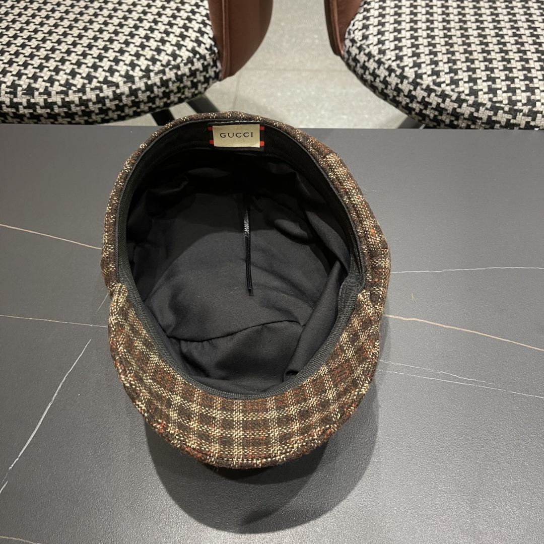 古奇 英伦风格纹贝雷帽子女春秋2025新款大头围百搭显脸小报童画家帽子