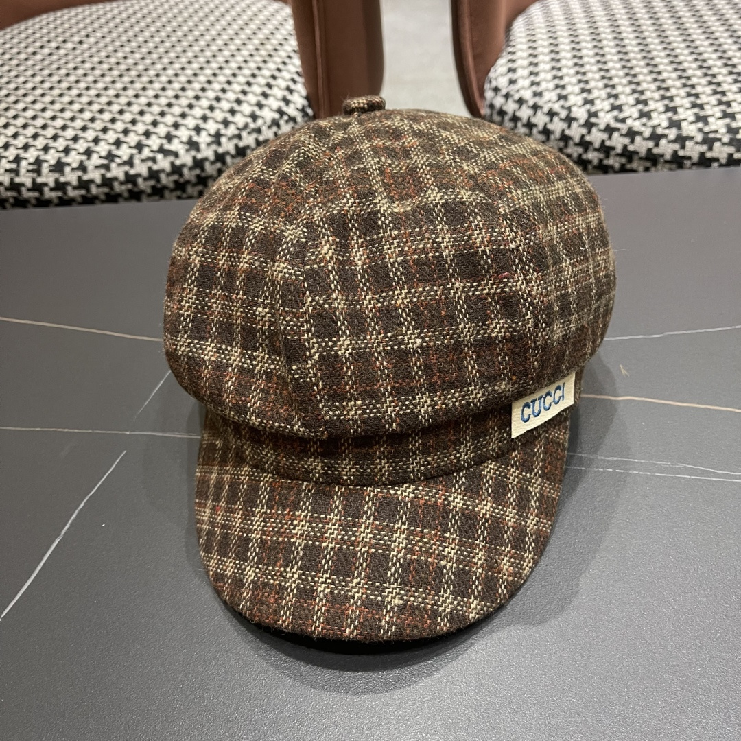 古奇 英伦风格纹贝雷帽子女春秋2025新款大头围百搭显脸小报童画家帽子