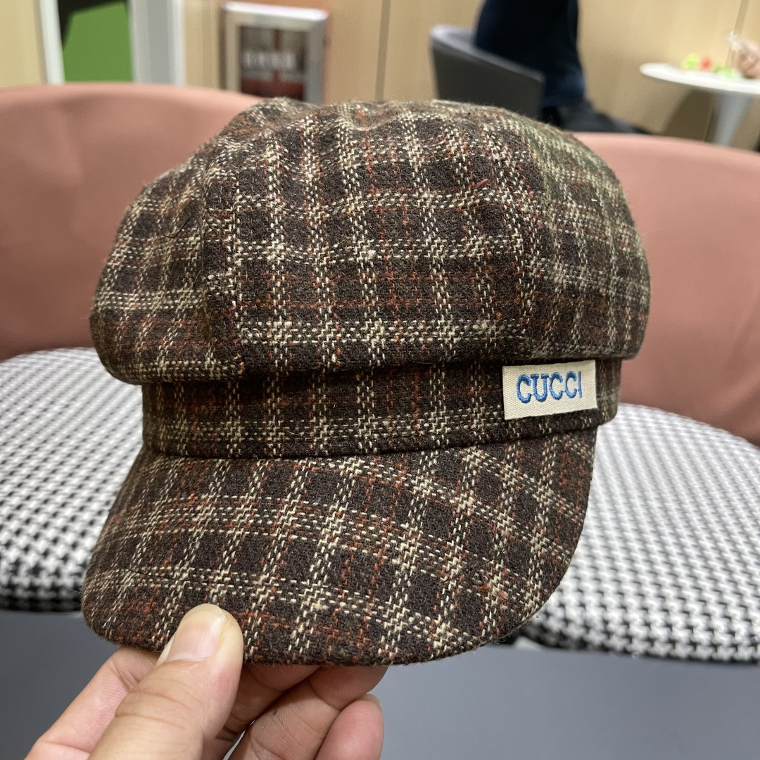 古奇 英伦风格纹贝雷帽子女春秋2025新款大头围百搭显脸小报童画家帽子