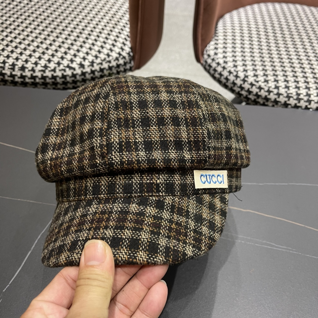 古奇 英伦风格纹贝雷帽子女春秋2025新款大头围百搭显脸小报童画家帽子