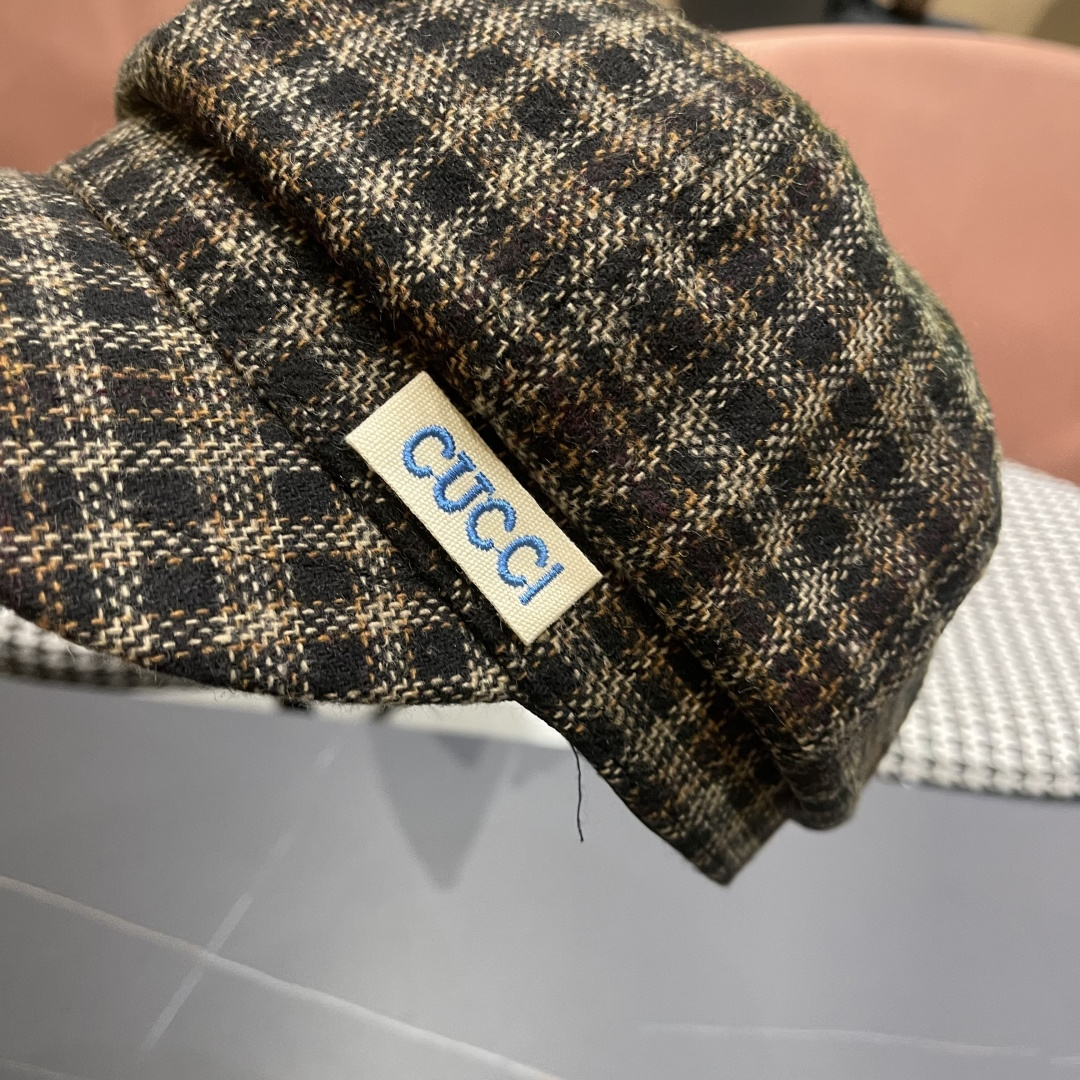 古奇 英伦风格纹贝雷帽子女春秋2025新款大头围百搭显脸小报童画家帽子