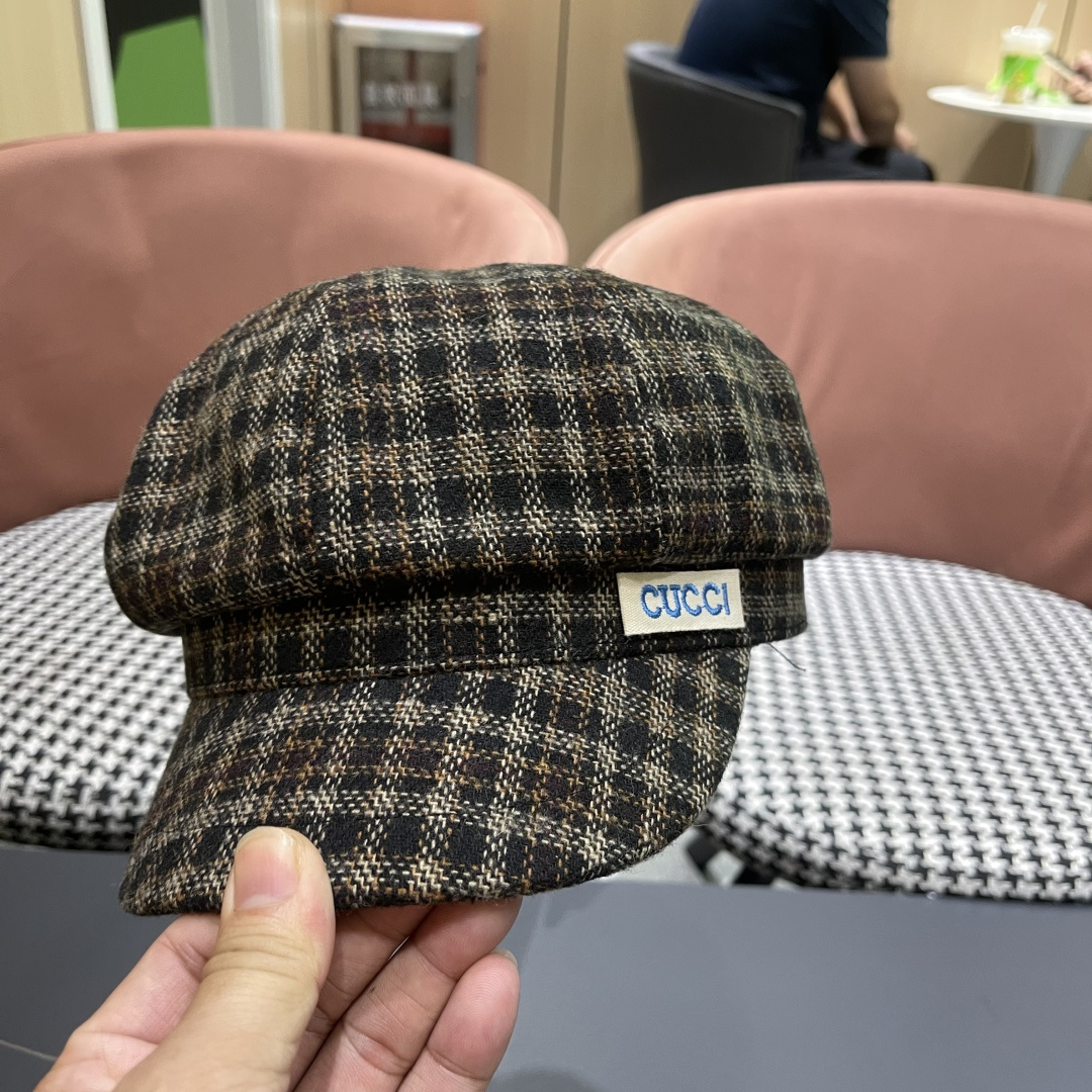 古奇 英伦风格纹贝雷帽子女春秋2025新款大头围百搭显脸小报童画家帽子