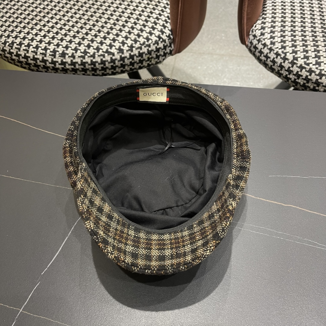 古奇 英伦风格纹贝雷帽子女春秋2025新款大头围百搭显脸小报童画家帽子