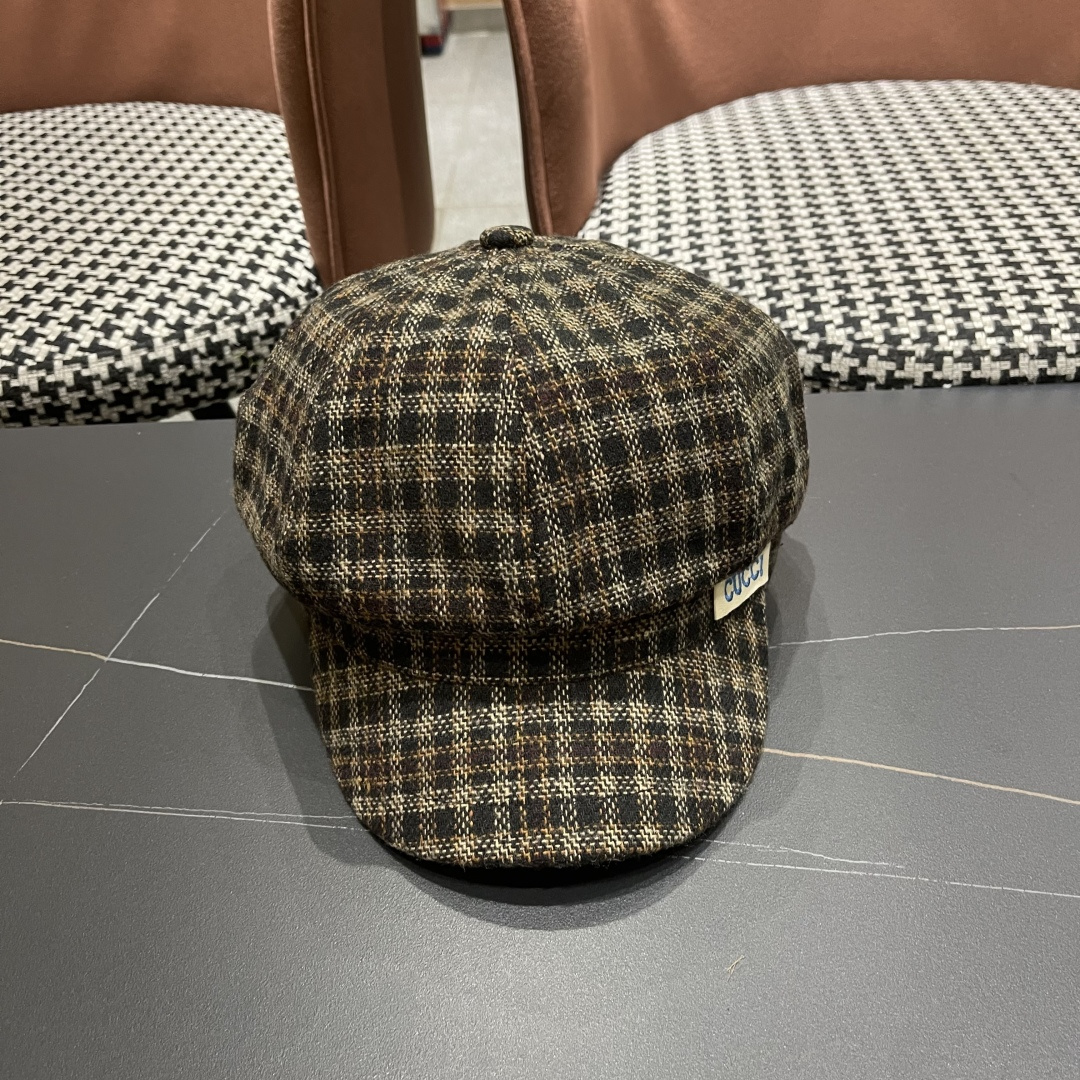 古奇 英伦风格纹贝雷帽子女春秋2025新款大头围百搭显脸小报童画家帽子