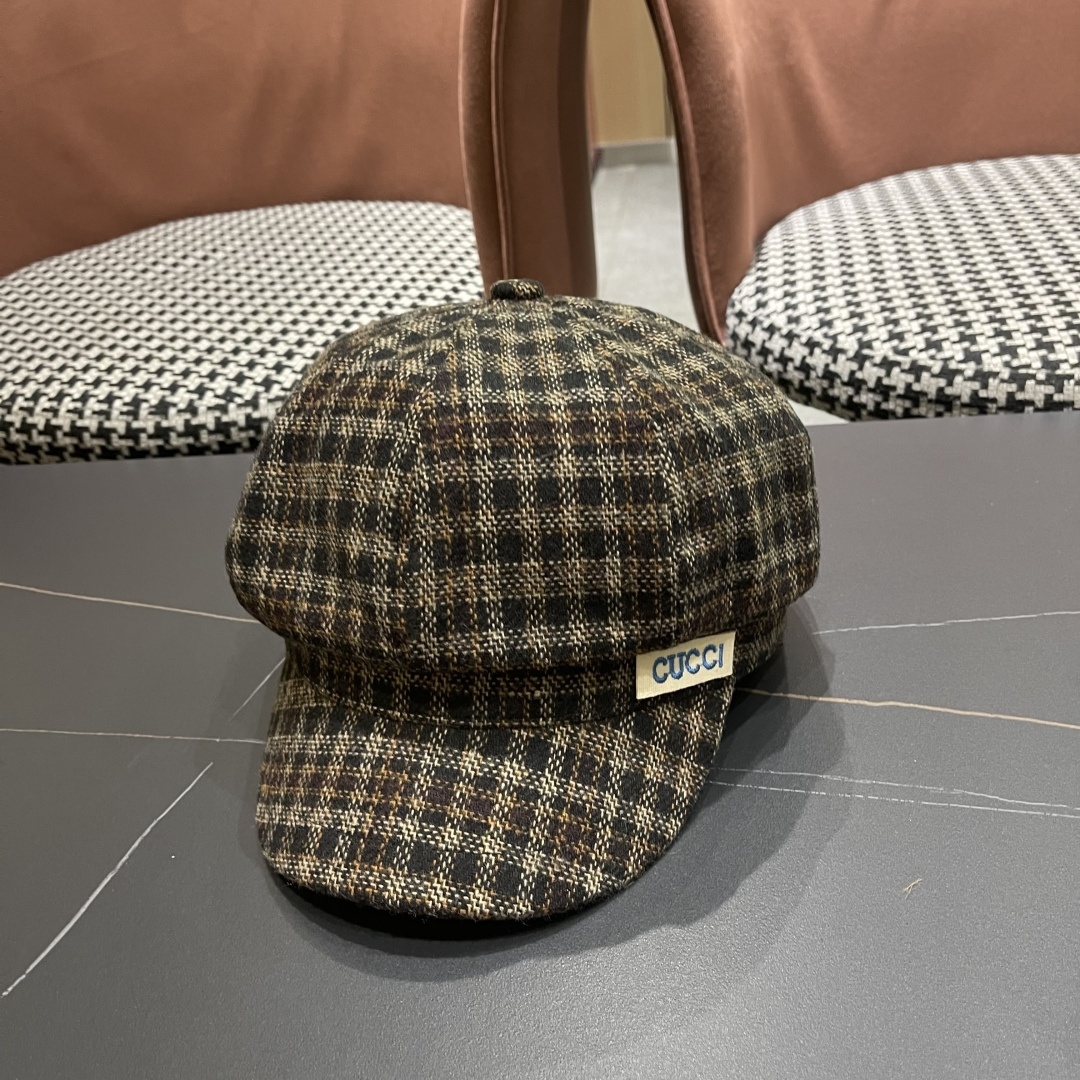 古奇 英伦风格纹贝雷帽子女春秋2025新款大头围百搭显脸小报童画家帽子