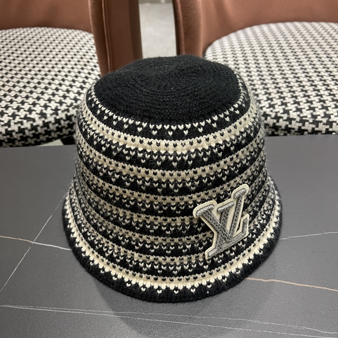Lv路易威登 韩国进口时尚编织盆帽女春夏季透气遮阳帽子文艺条纹水桶帽渔夫帽