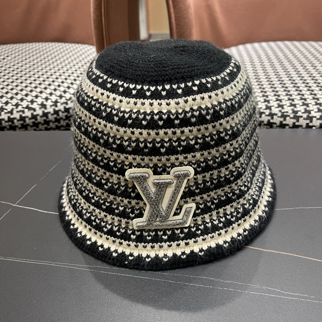 Lv路易威登 韩国进口时尚编织盆帽女春夏季透气遮阳帽子文艺条纹水桶帽渔夫帽