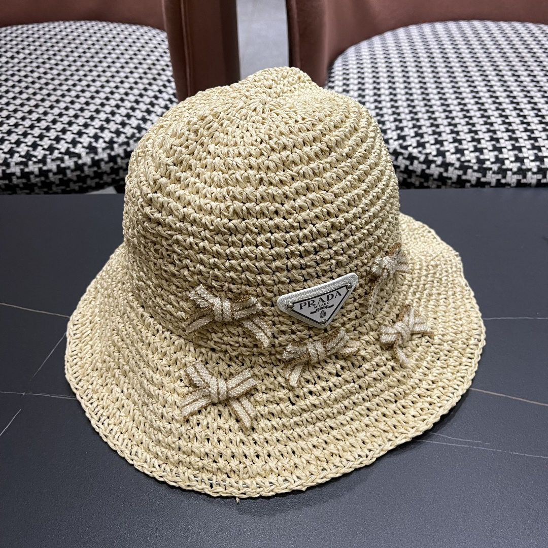 普拉达 渔夫帽女款夏季海边沙滩度假大帽檐法式草帽防晒防紫外线遮阳帽子