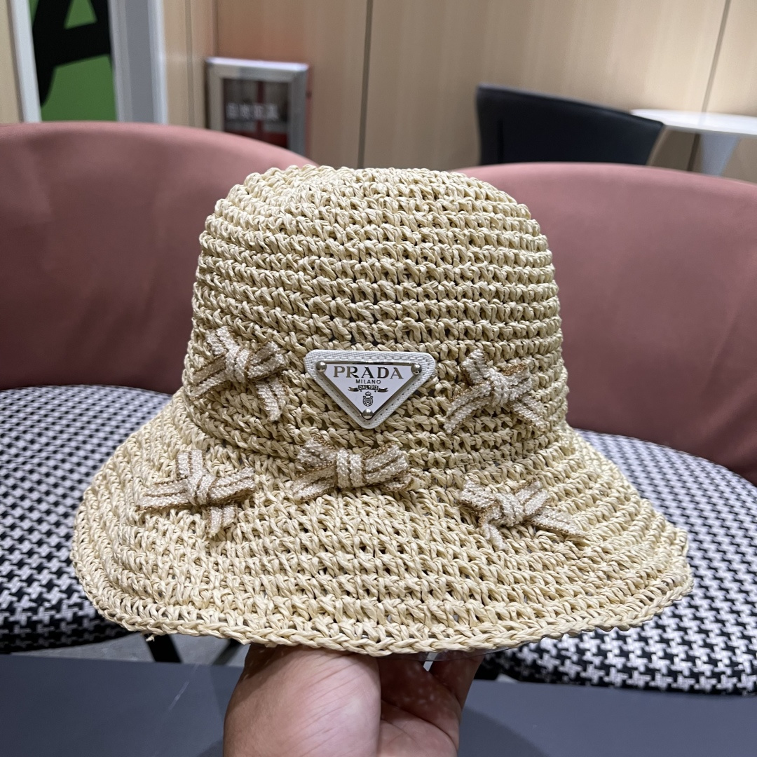 普拉达 渔夫帽女款夏季海边沙滩度假大帽檐法式草帽防晒防紫外线遮阳帽子