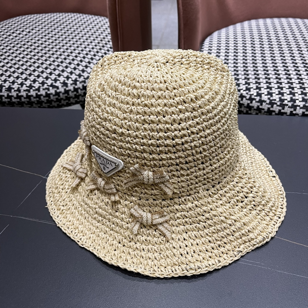 普拉达 渔夫帽女款夏季海边沙滩度假大帽檐法式草帽防晒防紫外线遮阳帽子