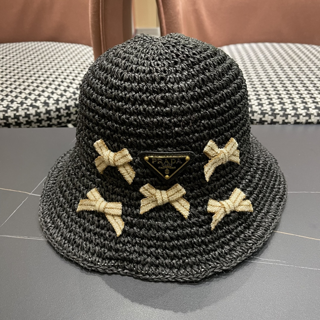 普拉达 渔夫帽女款夏季海边沙滩度假大帽檐法式草帽防晒防紫外线遮阳帽子