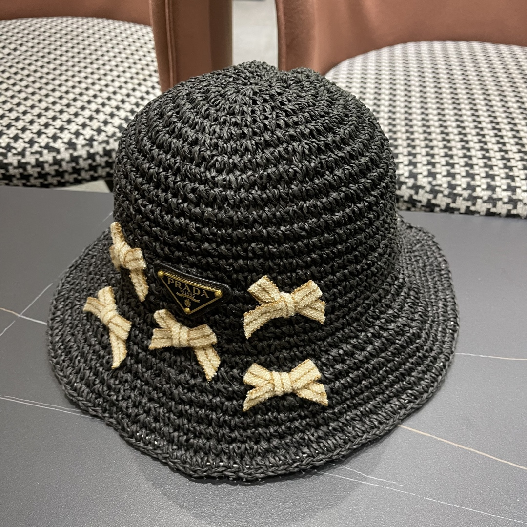 普拉达 渔夫帽女款夏季海边沙滩度假大帽檐法式草帽防晒防紫外线遮阳帽子