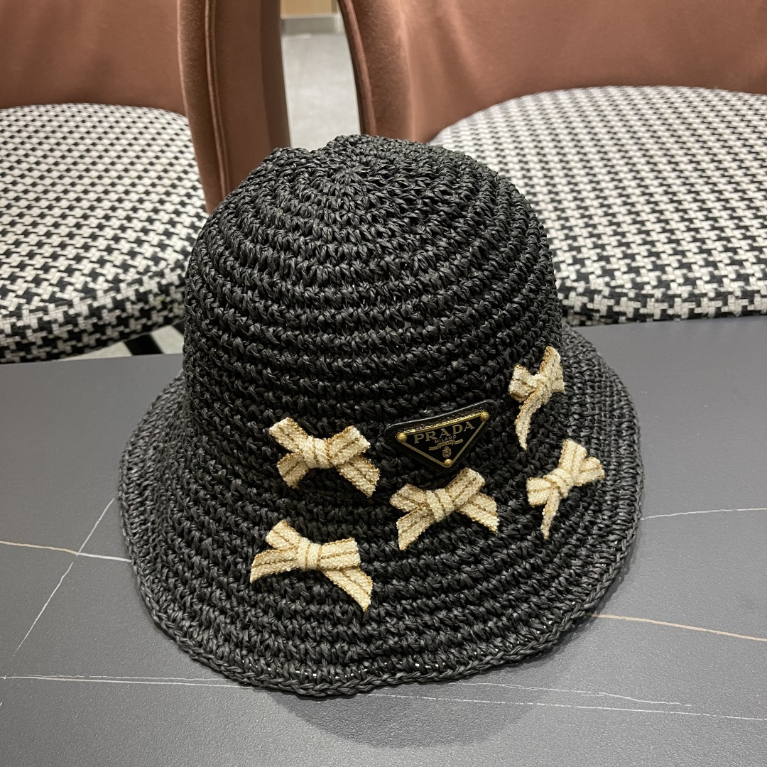 普拉达 渔夫帽女款夏季海边沙滩度假大帽檐法式草帽防晒防紫外线遮阳帽子