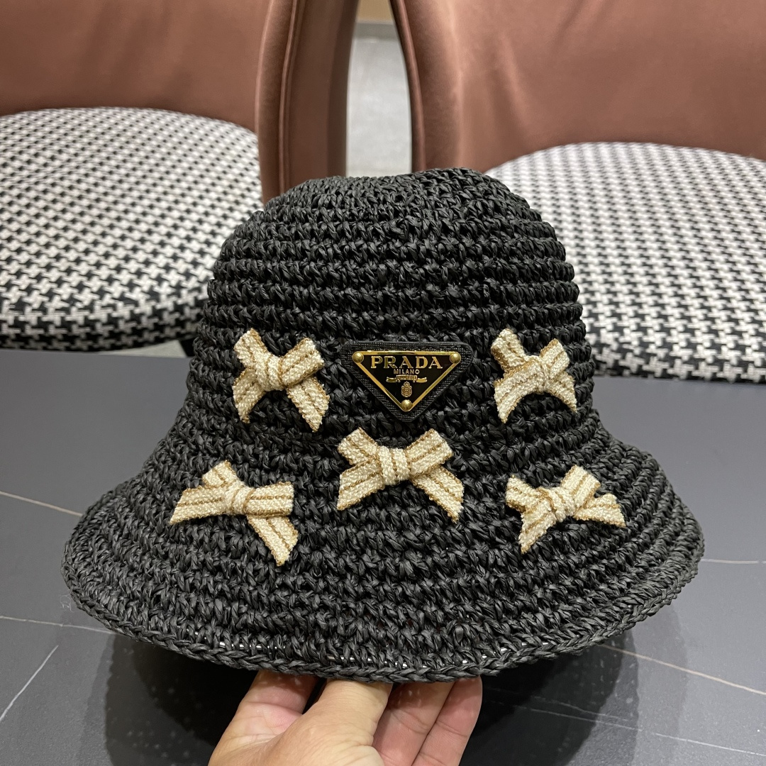 普拉达 渔夫帽女款夏季海边沙滩度假大帽檐法式草帽防晒防紫外线遮阳帽子