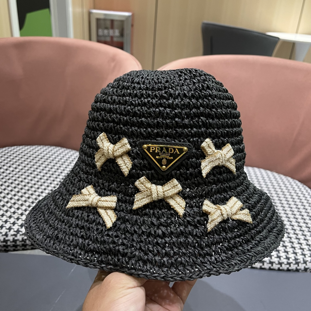 普拉达 渔夫帽女款夏季海边沙滩度假大帽檐法式草帽防晒防紫外线遮阳帽子