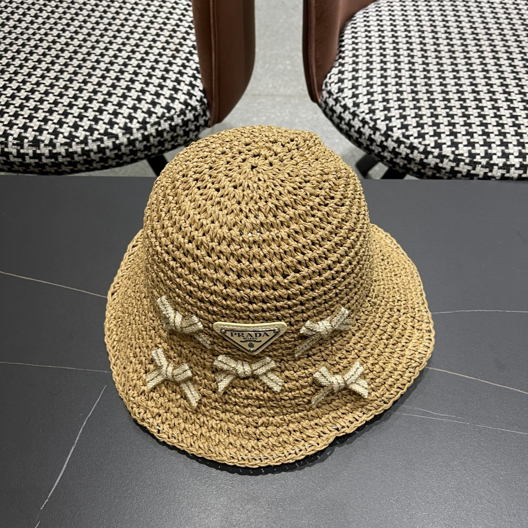 普拉达 渔夫帽女款夏季海边沙滩度假大帽檐法式草帽防晒防紫外线遮阳帽子