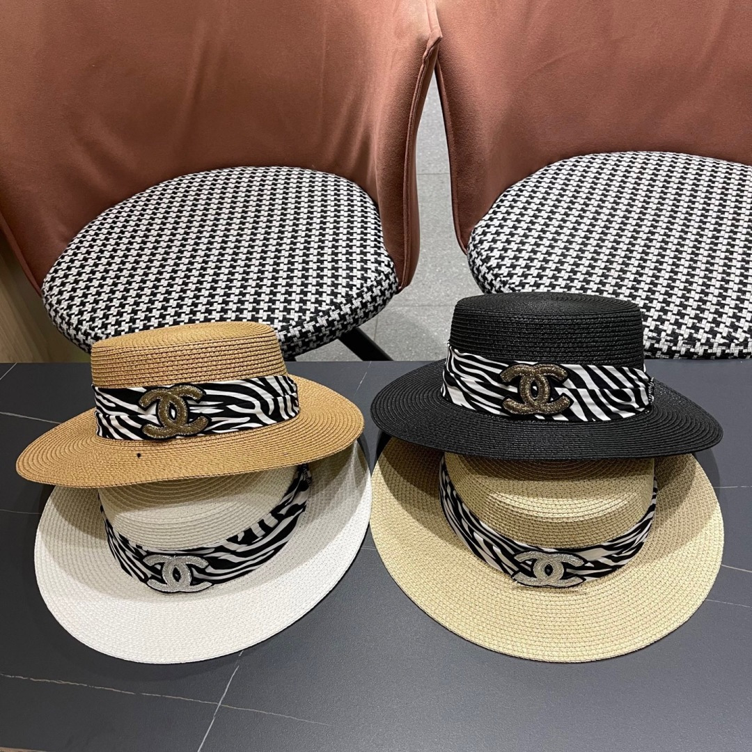  香奈儿Chanel平顶礼帽女士夏季法式时尚 2025新款草编太阳帽
子海边防晒遮阳草帽