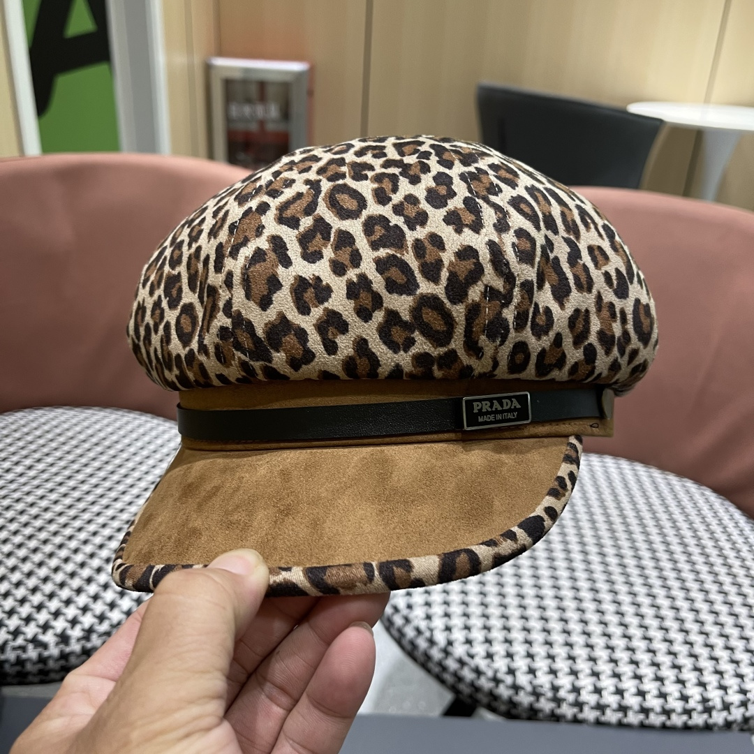 普拉达 2025年新款豹纹拼接八角帽子女春秋季出游百搭显脸小时尚鸭舌帽