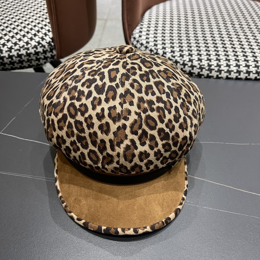 普拉达 2025年新款豹纹拼接八角帽子女春秋季出游百搭显脸小时尚鸭舌帽