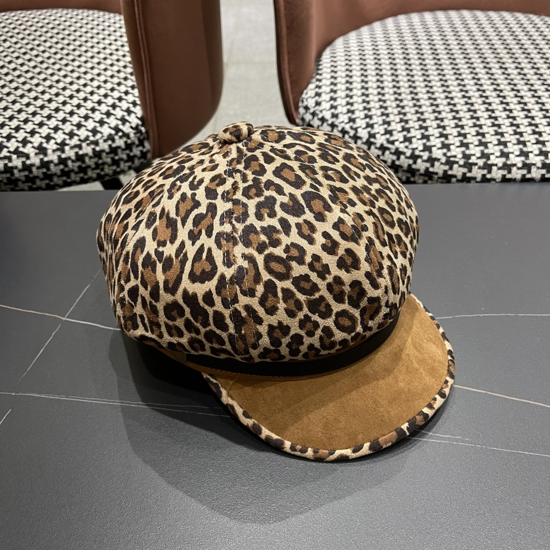 普拉达 2025年新款豹纹拼接八角帽子女春秋季出游百搭显脸小时尚鸭舌帽