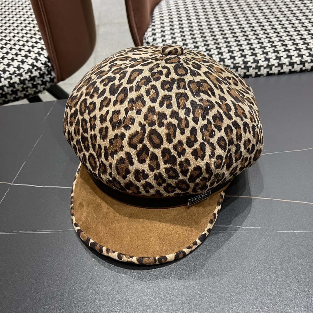普拉达 2025年新款豹纹拼接八角帽子女春秋季出游百搭显脸小时尚鸭舌帽
