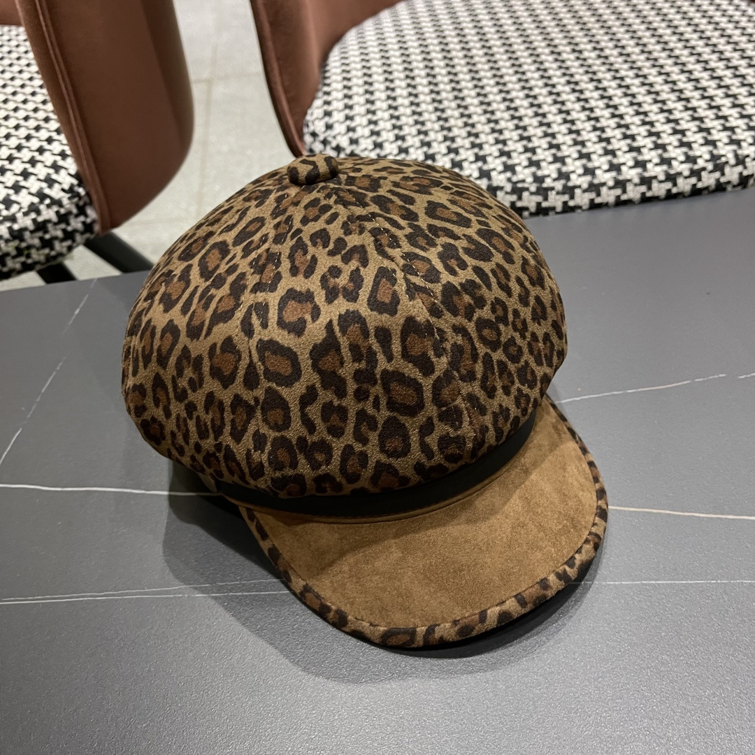 普拉达 2025年新款豹纹拼接八角帽子女春秋季出游百搭显脸小时尚鸭舌帽
