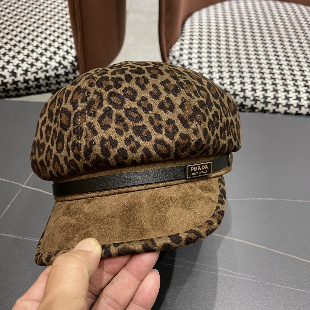 普拉达 2025年新款豹纹拼接八角帽子女春秋季出游百搭显脸小时尚鸭舌帽