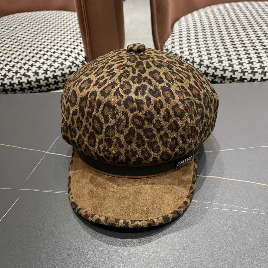 普拉达 2025年新款豹纹拼接八角帽子女春秋季出游百搭显脸小时尚鸭舌帽