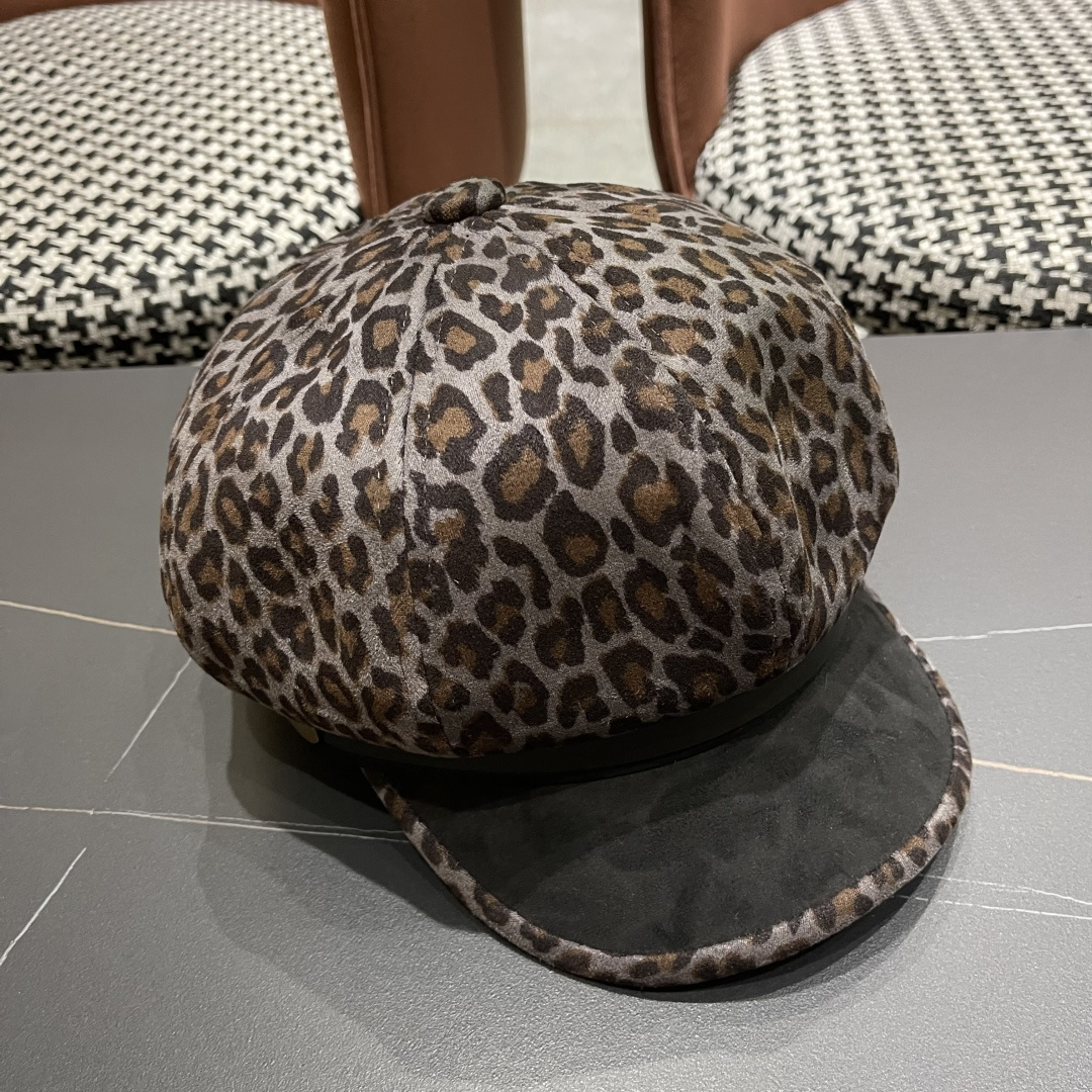 普拉达 2025年新款豹纹拼接八角帽子女春秋季出游百搭显脸小时尚鸭舌帽