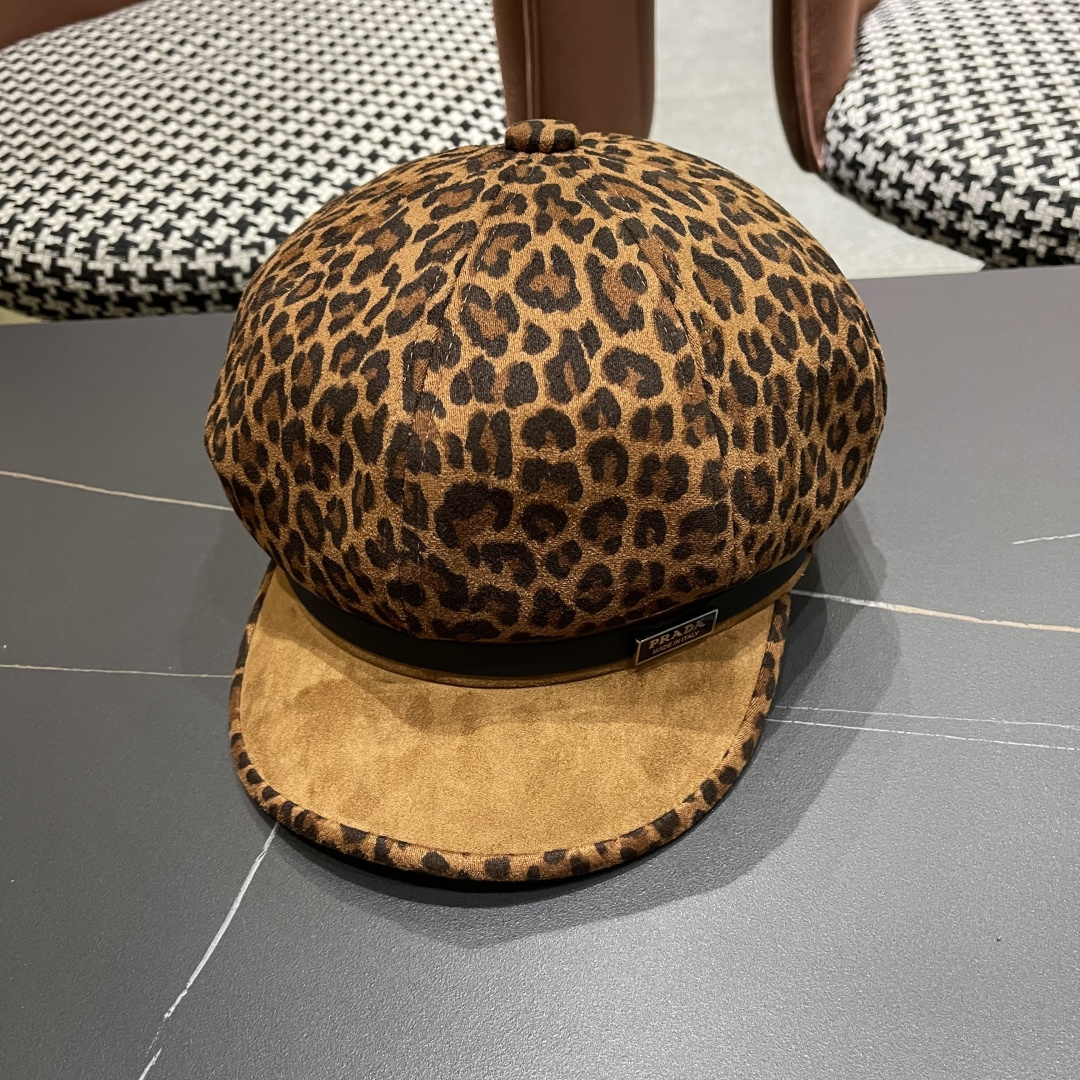 普拉达 2025年新款豹纹拼接八角帽子女春秋季出游百搭显脸小时尚鸭舌帽
