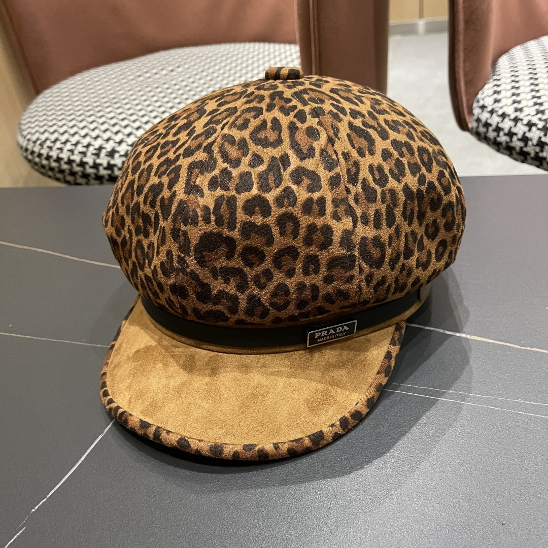 普拉达 2025年新款豹纹拼接八角帽子女春秋季出游百搭显脸小时尚鸭舌帽