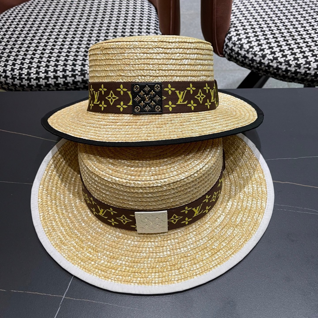  Lv路易威登平顶礼帽春夏包边系带复古简约宽帽檐欧美休闲度
假遮阳麦秆女草帽