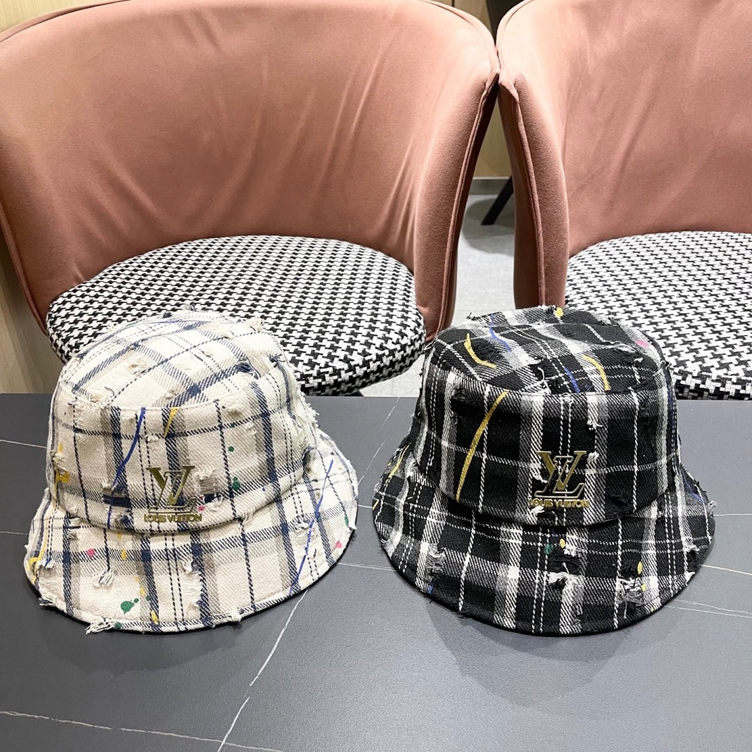   lv路易威登韩版破洞格纹渔夫鞋，女休闲百搭显脸小盆帽