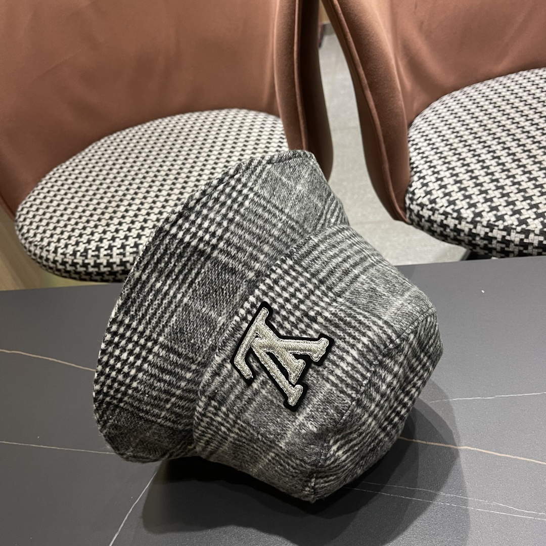 Lv路易威登 日系千鸟格纹渔夫帽女格子百搭盆帽韩版休闲帽子秋冬款防晒遮阳帽潮