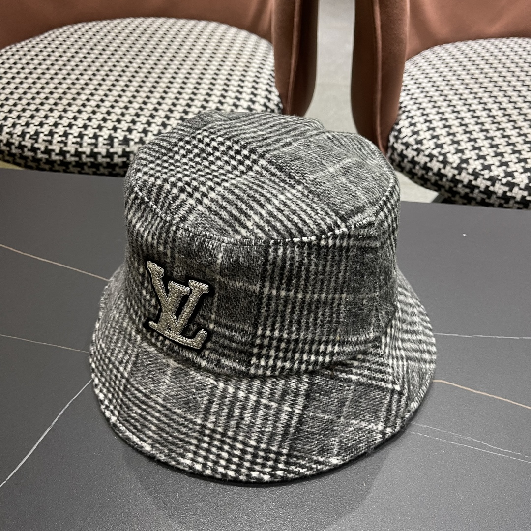 Lv路易威登 日系千鸟格纹渔夫帽女格子百搭盆帽韩版休闲帽子秋冬款防晒遮阳帽潮