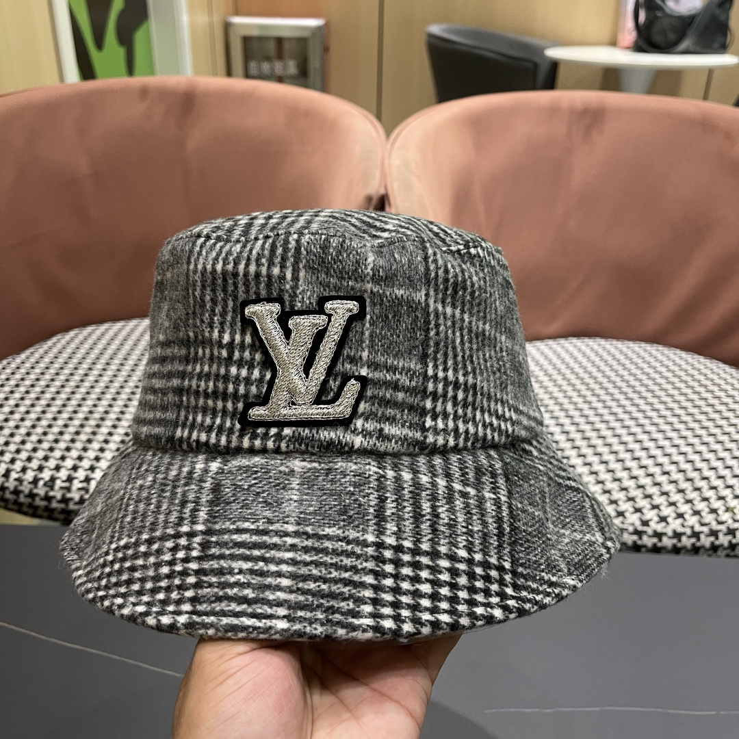 Lv路易威登 日系千鸟格纹渔夫帽女格子百搭盆帽韩版休闲帽子秋冬款防晒遮阳帽潮