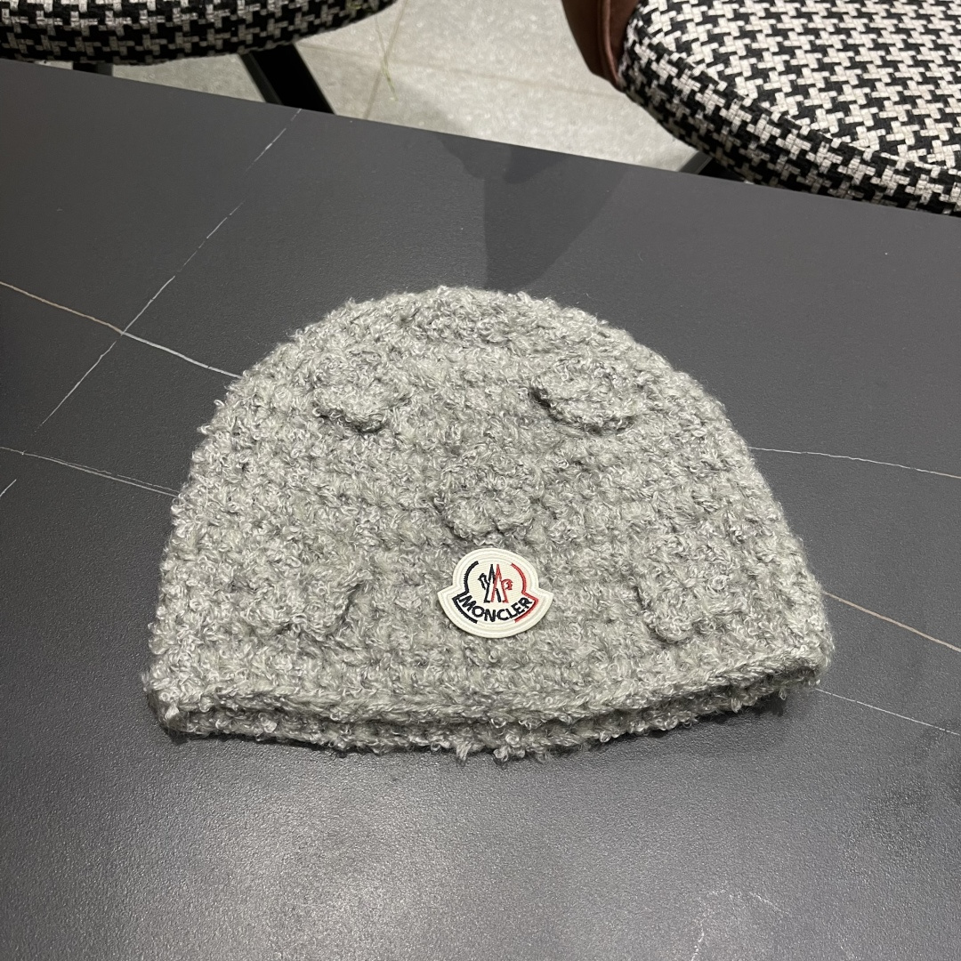 MONCLER蒙口甜美立体花朵手工毛线帽女秋冬韩系百搭显脸小护耳帽保暖针织帽子